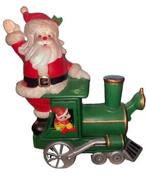 Vintage Santa Clause On A Train Christmas Cookie Jar With His Elf 12x10